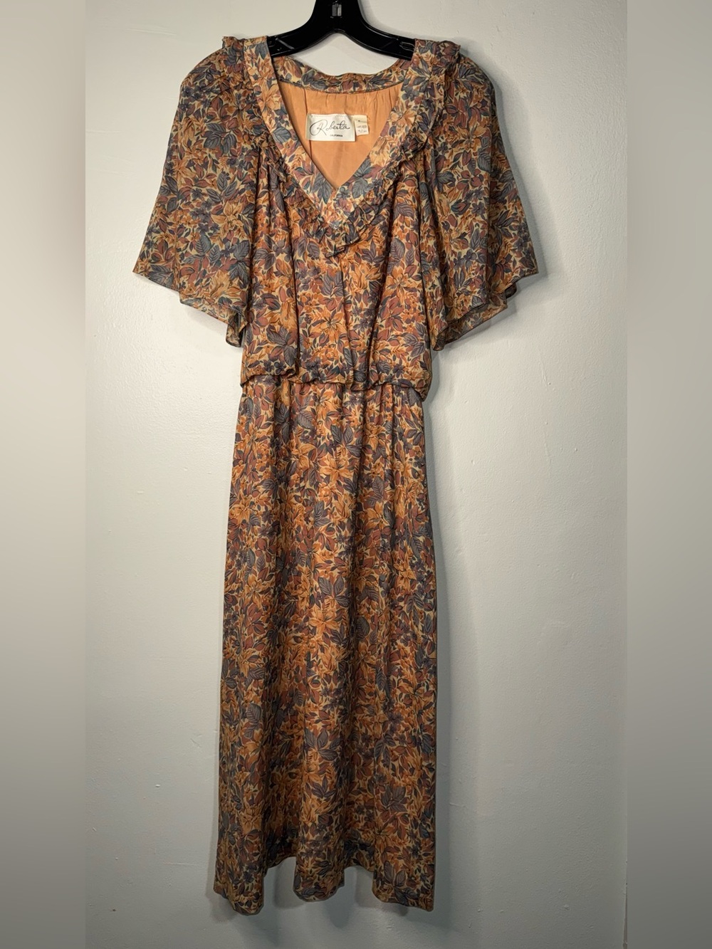 Vintage Roberta California Bridal Rust and Blue Floral Maxi Dress
